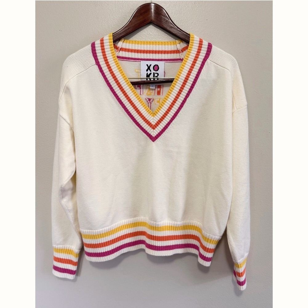 XOKR Kerri Rosenthal Women's "Get Happy" V-Neck Striped Sweater Size Large NWT - Picture 2 of 10